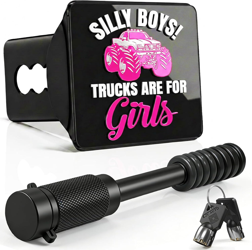 Pink Hitch Covers - Silly Boys Trucks are for Girls,Fits for 2 Inch Receivers with 5/8-Inch Pin Diameter Anti-Theft Hitch Lock,Funny Trailer Hitch Cover for Trucks, SUVs, Girl Pink Truck Accessories
