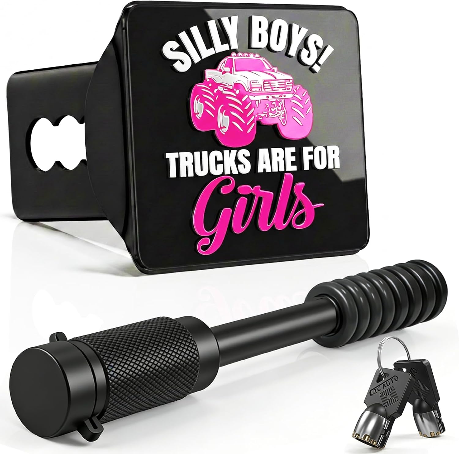 Pink Hitch Covers - Silly Boys Trucks are for Girls,Fits for 2 Inch Receivers with 5/8-Inch Pin Diameter Anti-Theft Hitch Lock,Funny Trailer Hitch Cover for Trucks, SUVs, Girl Pink Truck Accessories