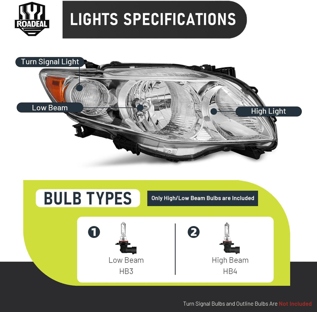 Headlights Assembly for 2009-2010 Toyota Corolla Halogen Headlamp Replacement Chrome Housing Amber Reflector Passenger and Driver Side