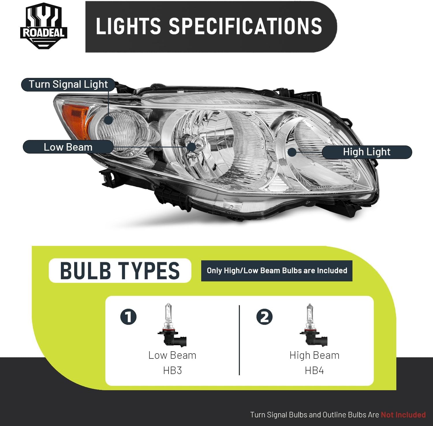 Headlights Assembly for 2009-2010 Toyota Corolla Halogen Headlamp Replacement Chrome Housing Amber Reflector Passenger and Driver Side