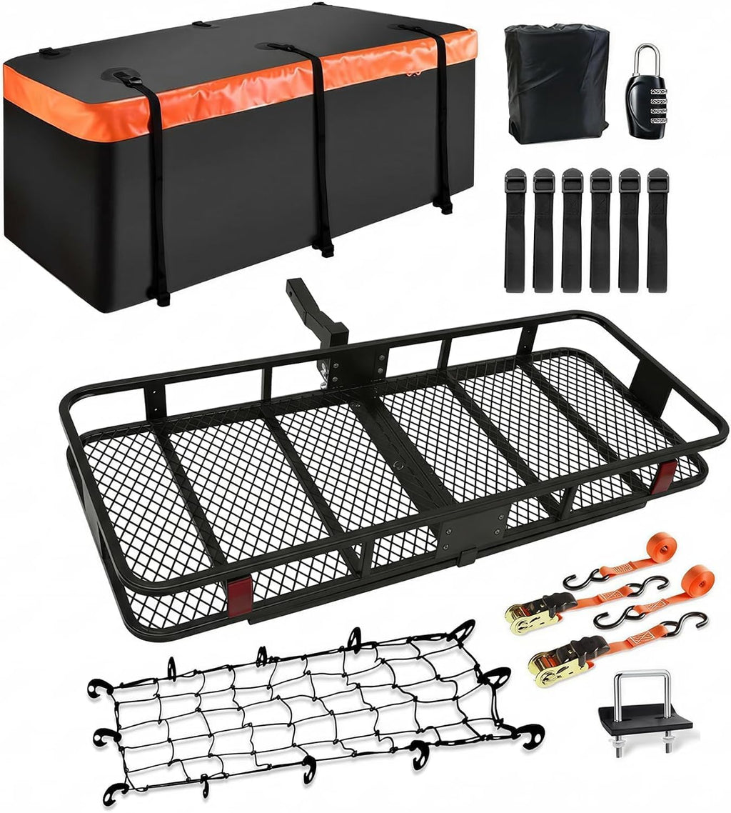 XXL Hitch Cargo Carrier with Waterproof Bag, 70" x 30" x 6" Galvanized Steel Basket and 68" x 28" x 33" Bag, 500 lb Capacity, Raised Shank,Fits 2" Receiver for SUV Truck Van Car