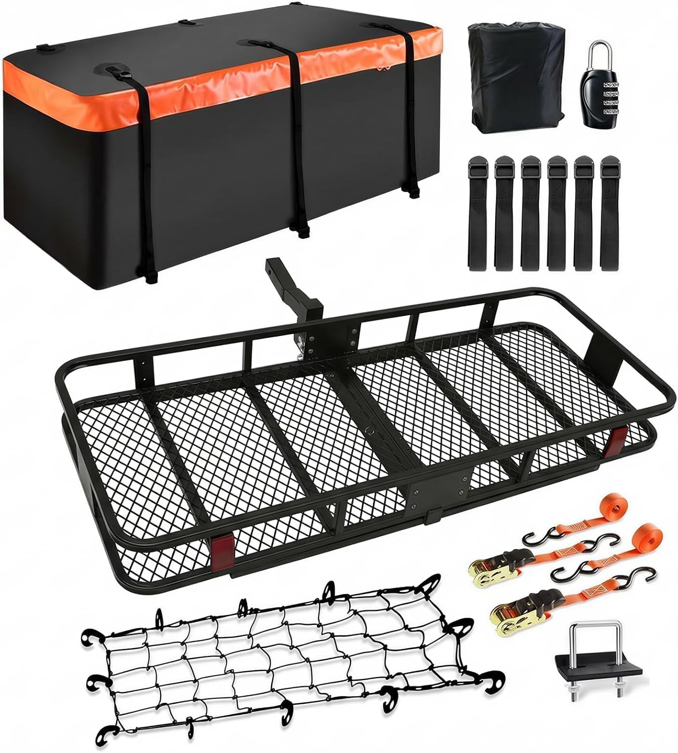 XXL Hitch Cargo Carrier with Waterproof Bag, 70" x 30" x 6" Galvanized Steel Basket and 68" x 28" x 33" Bag, 500 lb Capacity, Raised Shank,Fits 2" Receiver for SUV Truck Van Car