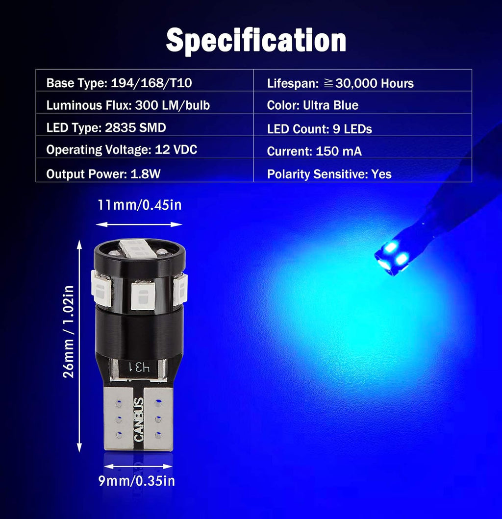 300LM Extremely Bright Canbus Error Free 194 168 2825 W5W T10 LED Bulbs Ultra Blue 9-SMD 2835 LED Chipsets for Dome Map Door Courtesy License Plate Lights (Pack of 4)