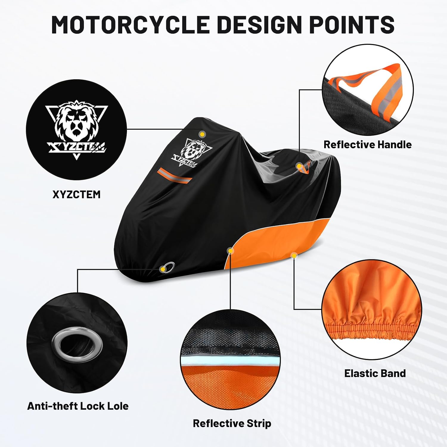 XYZCTEM Motorcycle Cover All Season Waterproof Outdoor Protection, Fit up to 116 Inch Tour Bikes, Choppers and Cruisers – Protect Against Dust, Debris, Rain and Weather (Black and Orange)