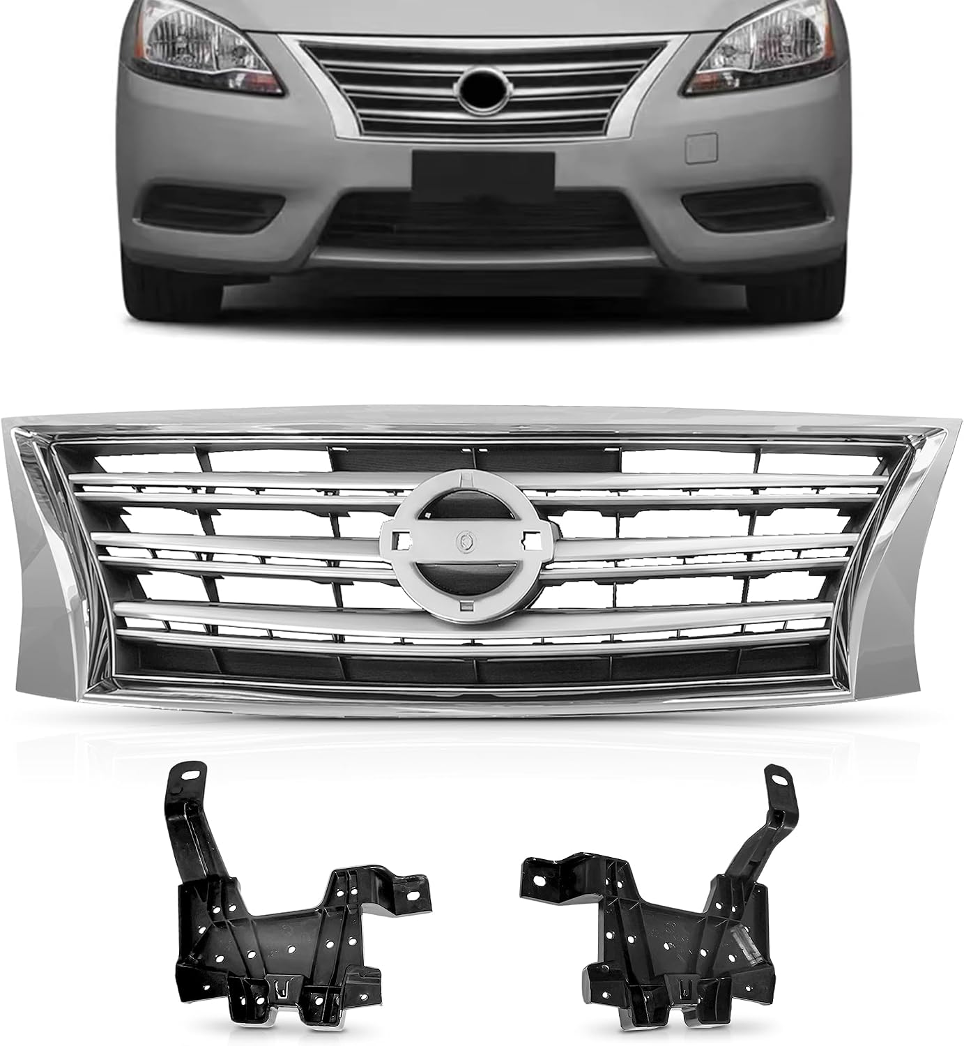 PartsFlow Front Bumper Grille Upper Grill Chrome Shell Black Insert For 2013 2014 2015 Nissan Sentra NI1200252