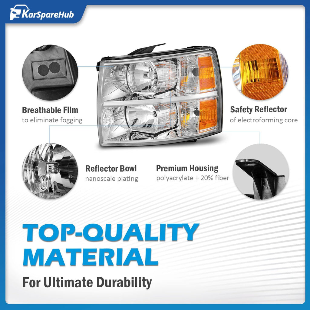 Headlights Assembly for 2007-2013 Chevy Silverado 1500 for 07-14 Silverado 2500HD 3500 Headlamp Replacement Chrome Housing Amber Reflector (turnsignal bulbs not included)