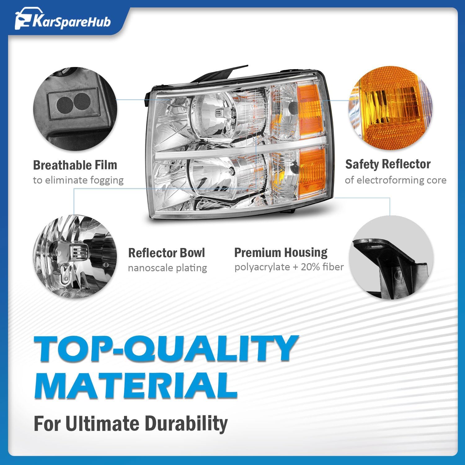 Headlights Assembly for 2007-2013 Chevy Silverado 1500 for 07-14 Silverado 2500HD 3500 Headlamp Replacement Chrome Housing Amber Reflector (turnsignal bulbs not included)