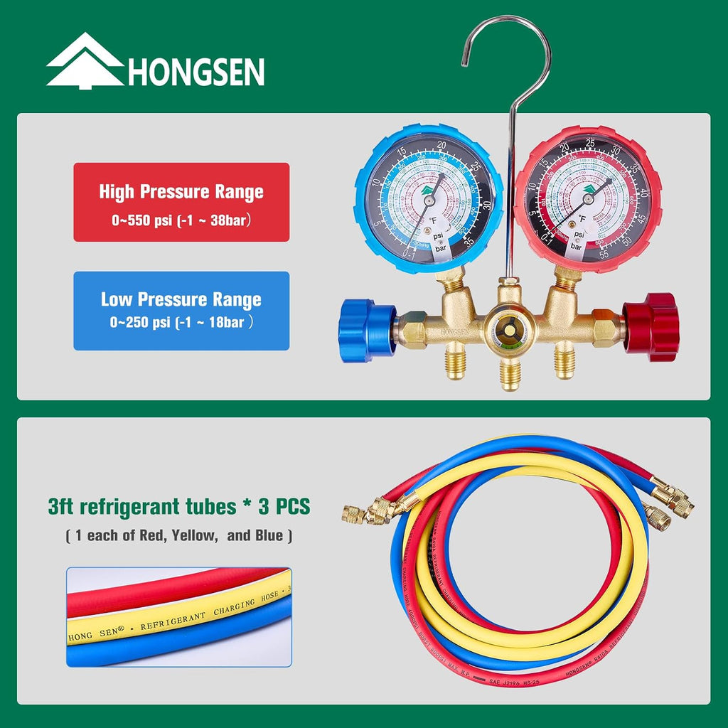hvac manifold gauge set with brass body and shown in use