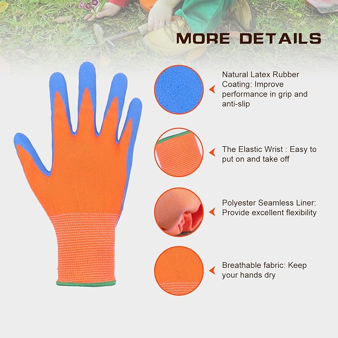 HANDLANDY 3 Pairs Kids Gardening Gloves Latex Free, Nitrile Coated Children - Image 2