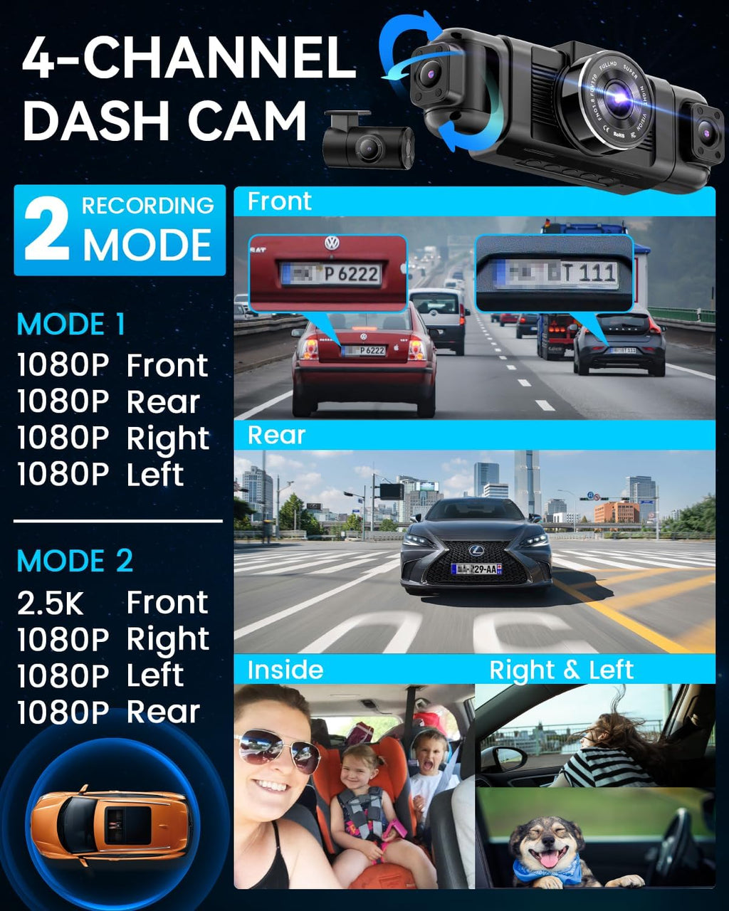 iiwey n5 4 channel dash cam for cars, close-up detail