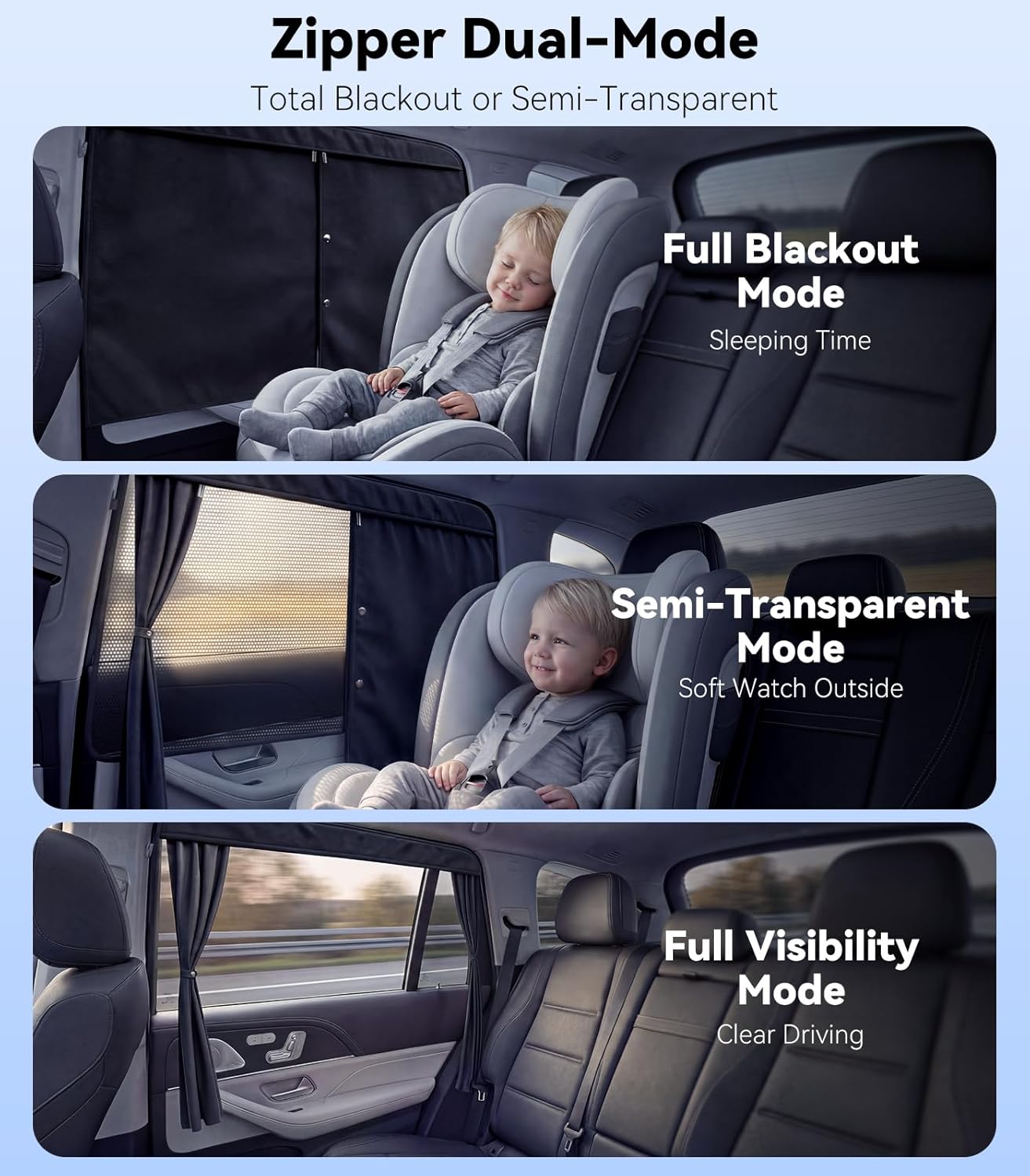 Nmoiss [2026 Upgraded] Car Window Shades for Baby [Blocks 100% UV & Harsh Sunlight] (2 Pack) Double Layer Side Window Curtains Roll Windows Down Privacy Full Covers/Half Shade Options Large