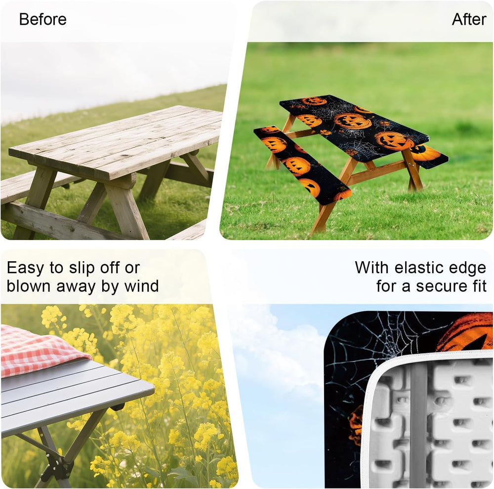 ANNA QUEEN Halloween Pumpkin 6FT Picnic Table Cover Set, Spooky 3PCS 72"...