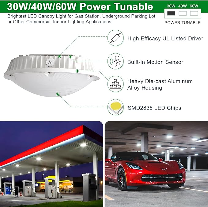 OSTEK LED Garage Light 30W/40W/60W LED Carport Canopy Lights 5000K 90-277V IP65 - Image 5