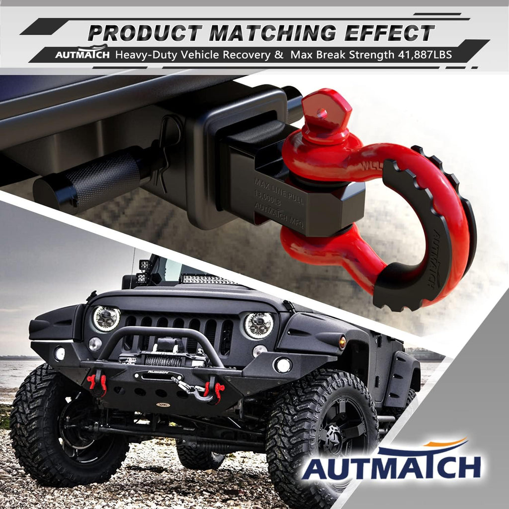 AUTMATCH D Ring Shackle 3/4" Shackles (2 Pack) 41,887Ibs Break Strength - Clevis Shackles with 7/8" Screw Pin and Shackle Isolator Washers Kit for Tow Strap Winch Off Road Vehicle Recovery, Red