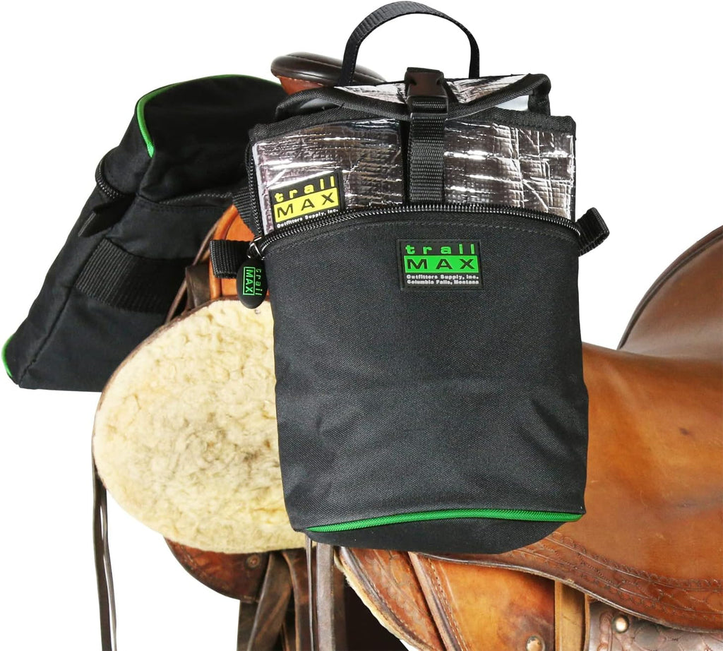 TrailMax Horse Horn Bags for Trail Riding – Medium & Large Western Saddle Horn Bags for Horses & Mules, Insulated Trail Gear with Secure Fit & Grab-and-Go Liners, Medium, Black with Green Piping