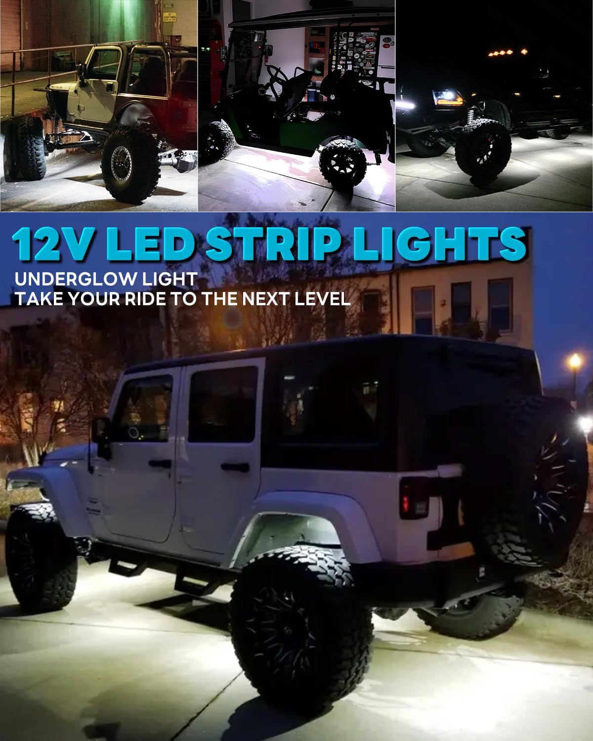 12V Led Light Strip Connectable 24Inch White Led Strip Lights for Car Golf Cart Motorcycle Boat Truck Cabinet Waterproof Led Light Strip,4Pack