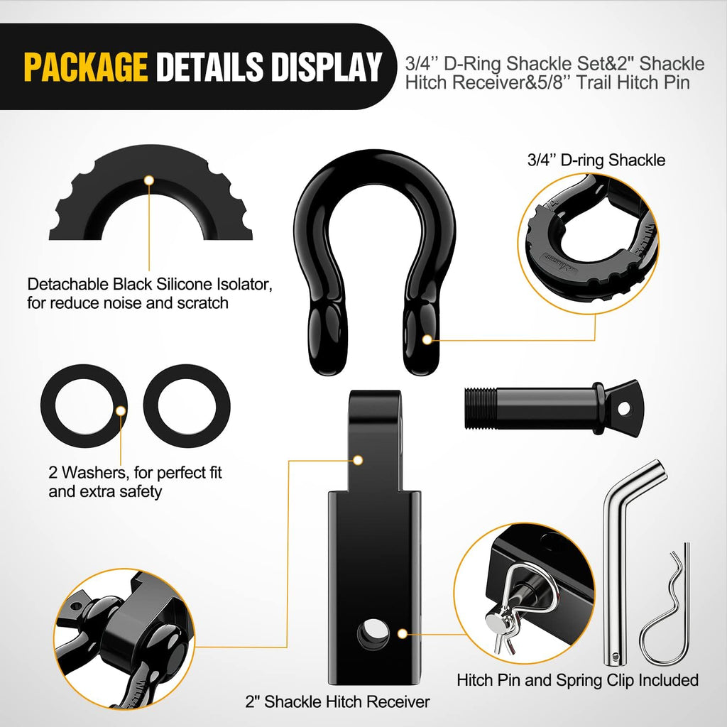 Nilight Shackle Hitch Receiver 2Inch 45000 LBs Breaking Strength 3/4" D Ring w/Trailer Pin Heavy Duty Solid Recovery Towing Kit for Trucks Jeeps Off-Road