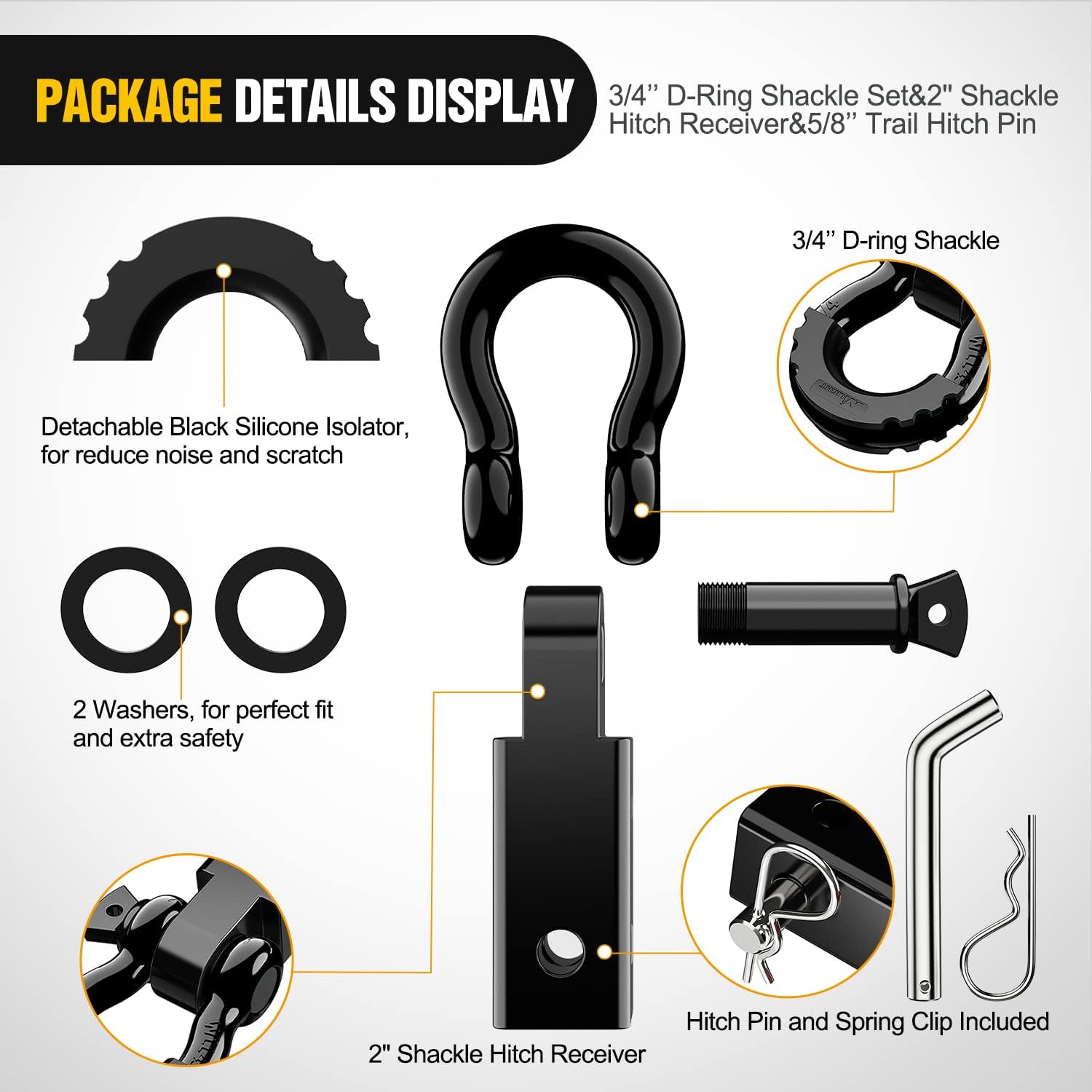 Nilight Shackle Hitch Receiver 2Inch 45000 LBs Breaking Strength 3/4" D Ring w/Trailer Pin Heavy Duty Solid Recovery Towing Kit for Trucks Jeeps Off-Road