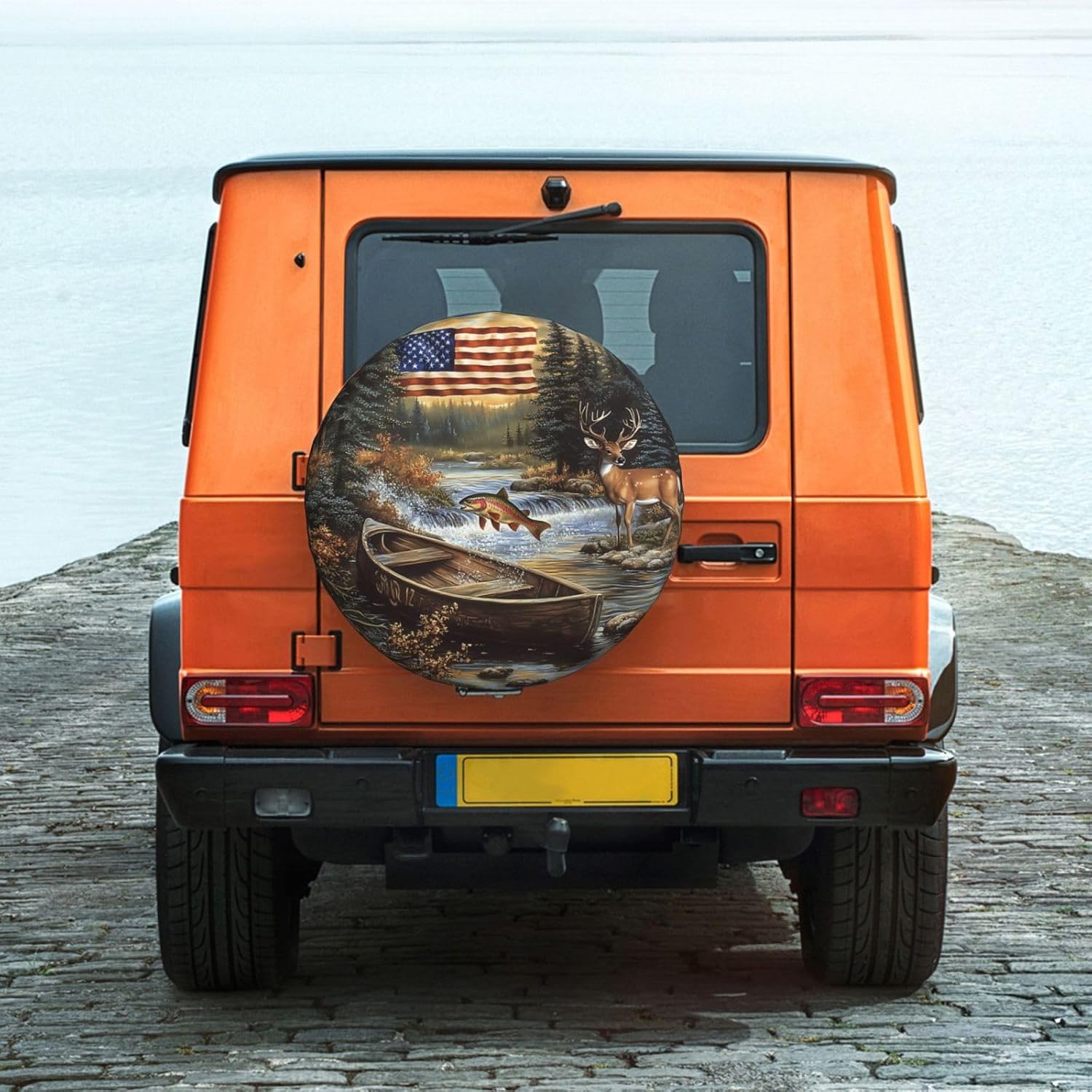 Spare Tire Cover for RV Camper, American Flag Forest Fish Deer Tire Cover Protectors, Weatherproof Universal Wheel Cover for RV Travel Trailer Camper Truck 15in
