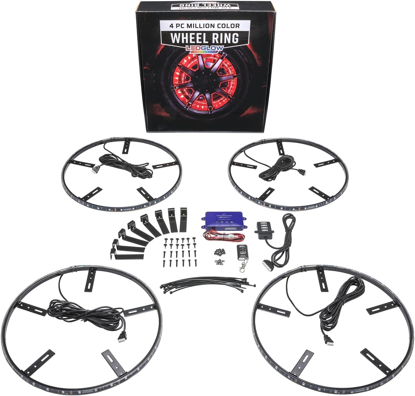 LEDGlow 4pc 15.5" Million Color LED Wheel Ring Accent Lighting Kit- Fits Wheels with 15" Brakes - Heavy-Duty & Versatile Design - Waterproof Light Strip - Includes Control Box & Wireless Remote