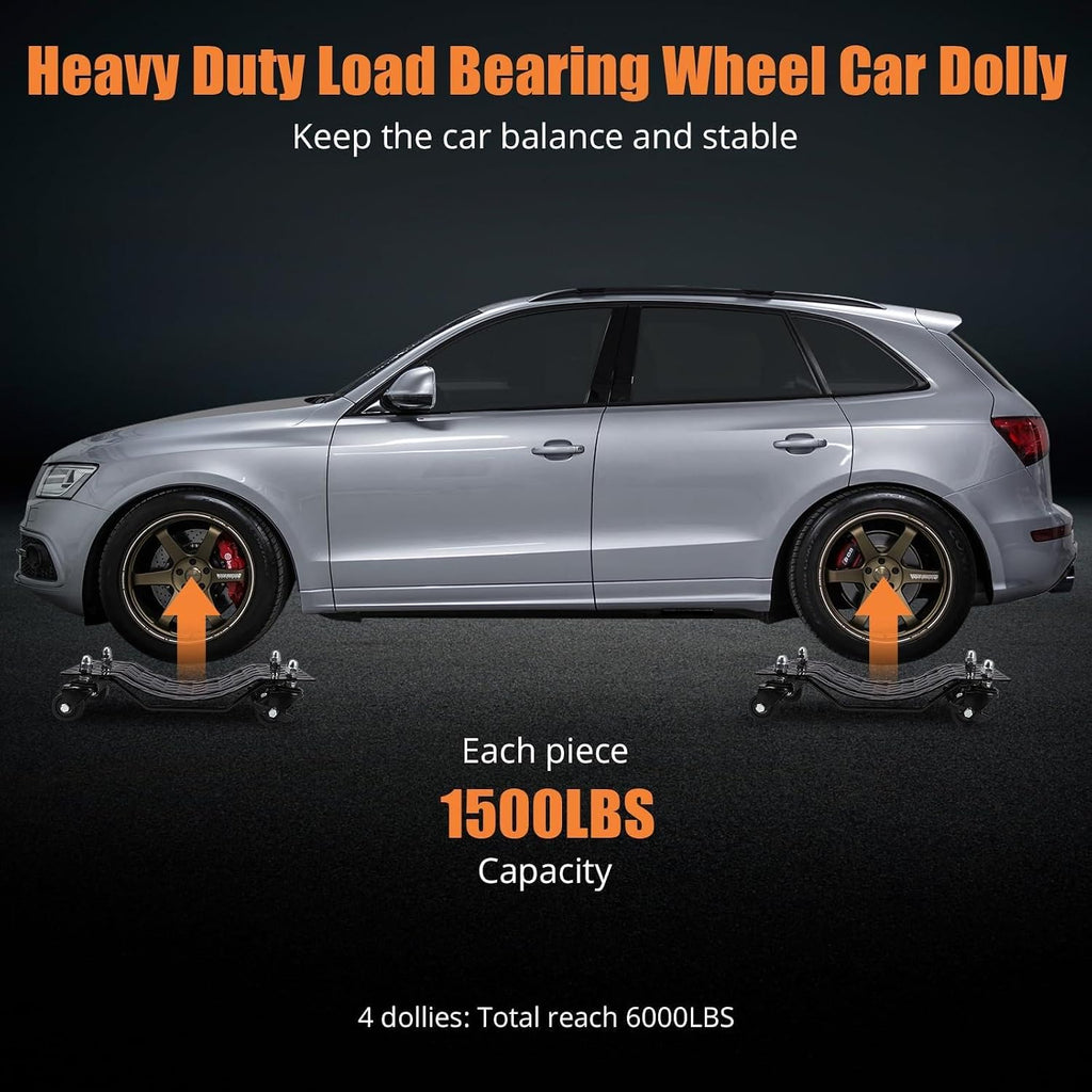 Car Dolly Set of 4, 6000 lbs Moving Tire Stake with Swivel Nylon Casters | 360° Swivel Nylon Casters & Dual Brakes