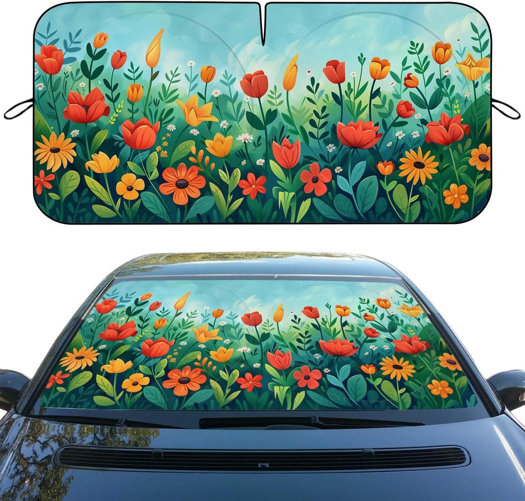 Flower Car Windshield Sun Shade Colorful Green Leaf Floral Plant Heatshield Front Window Car Sun Shade Windshield Blocks UV Rays Sun Visor Protector for Car Sedan Truck SUV Accessories