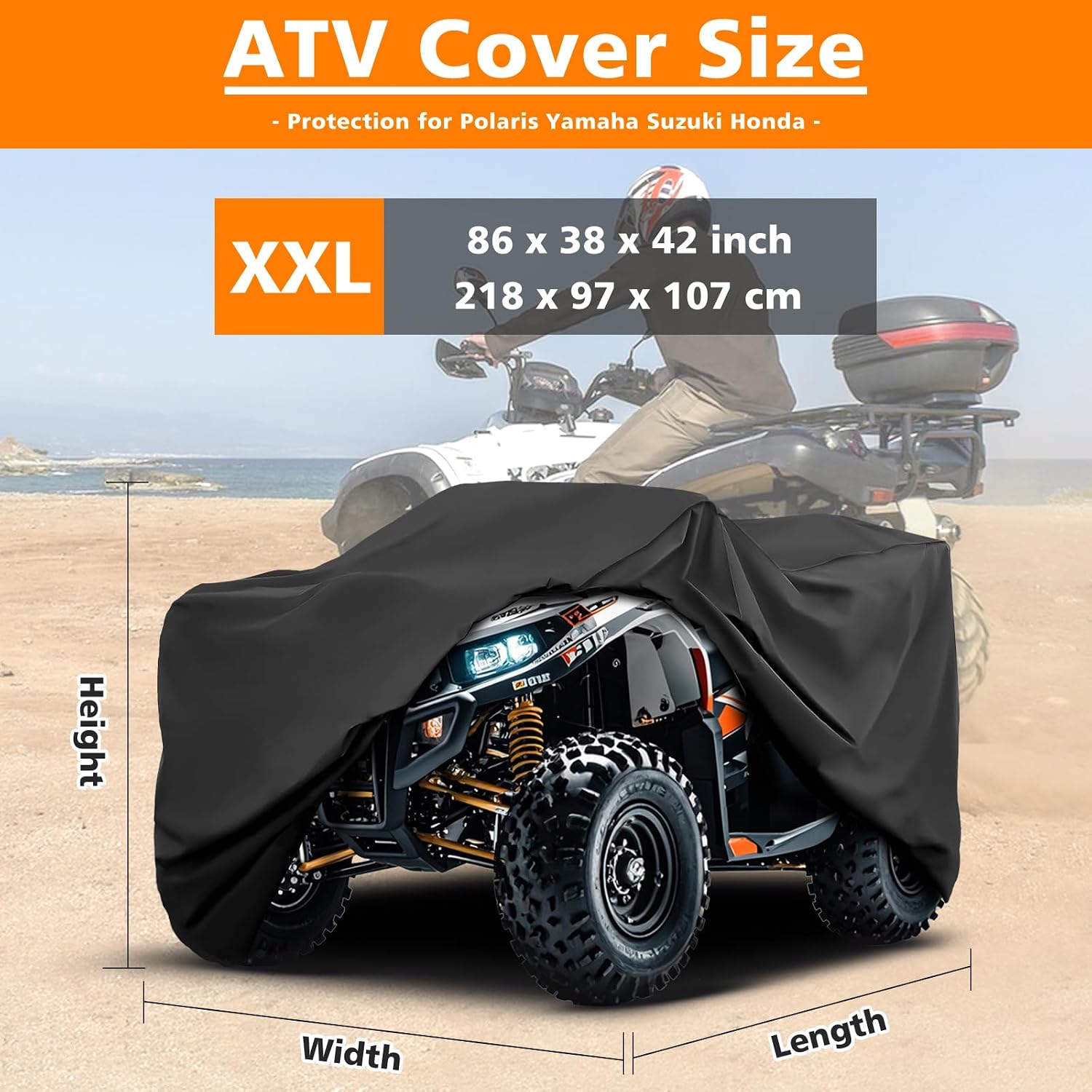 COVERVIN ATV Cover Waterproof, All Weather Rain and Sun Protection 4 Wheel Cover Quad Cover for Honda Suzuki Kawasaki Yamaha Polaris 86''L x 38''W x 42''H (XXL)