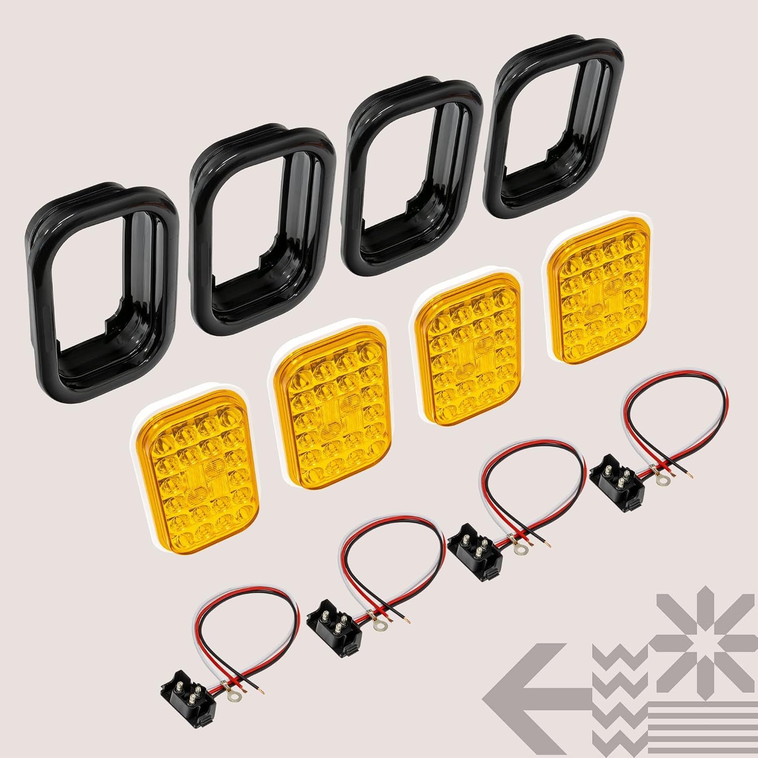 TRUE MODS 4pc Amber 5x3 3x5 Inch Rectangle LED Trailer Tail Light Kit [DOT FMVSS 108] [SAE I6 P P2] [Grommets/Plugs] [Submersible] [Stop Turn Tail Park] [24 LED] Brake Lamp Tow Truck 80" Wide Trailer