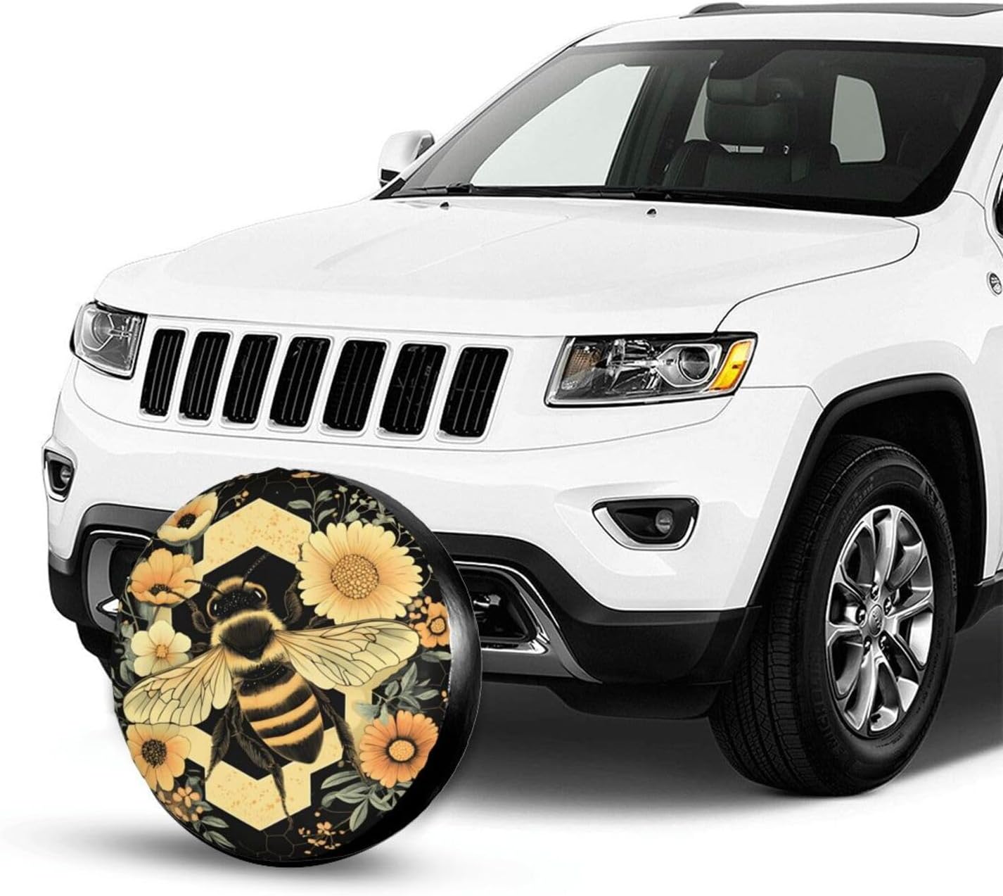 Tire Cover Waterproof for Jeep Trailer SUV Truck Rv – Honey Bee Flowers Hexagons 15 Inch Universal Spare Wheel Covers for Sun Rain Snow Uv Protection, Dust-Proof Tire Protectors