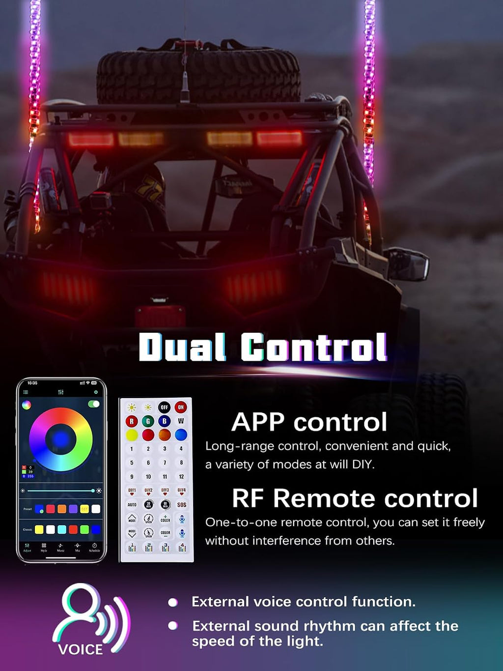 UNI-SHINE 2PCS 4FT LED Whip Lights with Spring Base Spiral RGB Chasing Lights with APP & Remote Control, Music Antenna Whip Light for Can-Am UTV ATV RZR Can-Am SXS Polaris Offroad