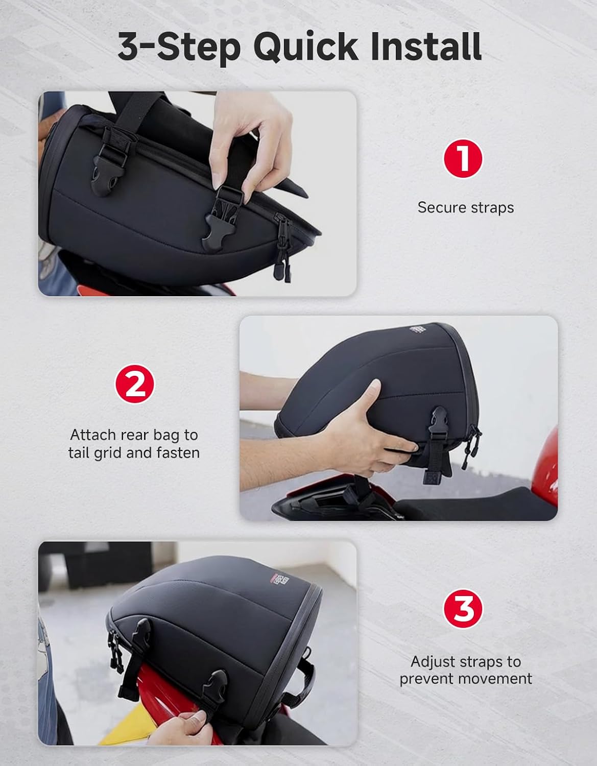 KEMIMOTO Motorcycle Tail Bag, Expandable 10.5L-12.5L Waterproof Motorcycle Rear Seat Bag with Rain Cover & Shoulder Strap, Motorcycle Luggage Tail Pack for Commuting Travel Camping, Black