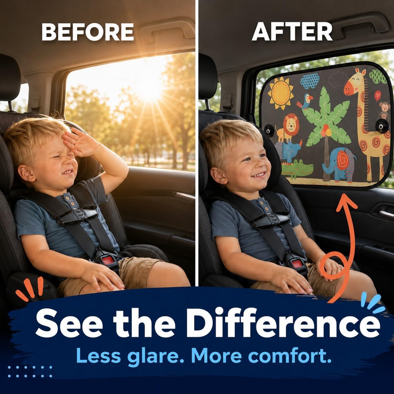 Car Window Shade, 2 Pack Cartoon Animal Side Window Sun Shades with Suction Cups, UV Protection Baby Car Window Shades for Sun Glare, Heat & Travel Comfort (Giraffe)