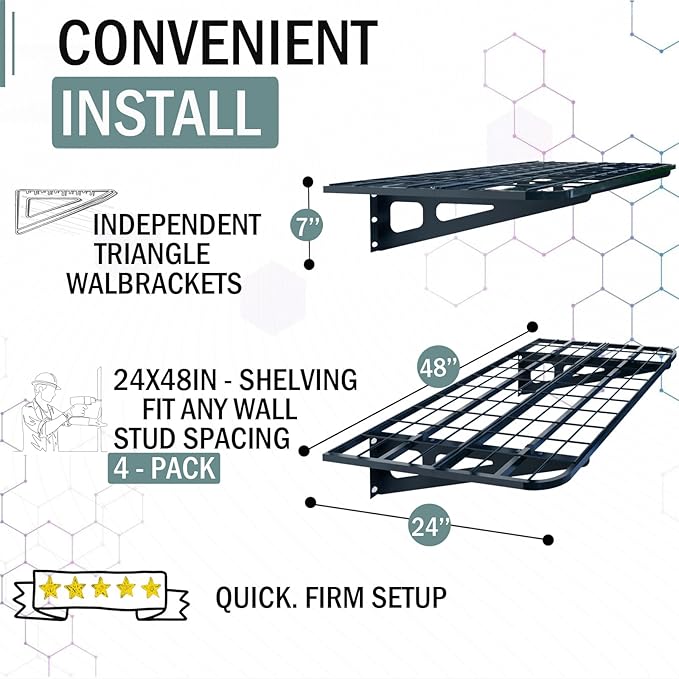 4-Pack 2x4ft Garage Wall Shelving, 4 Shelf Total 16 ft Garage Shelving Wall - Image 3