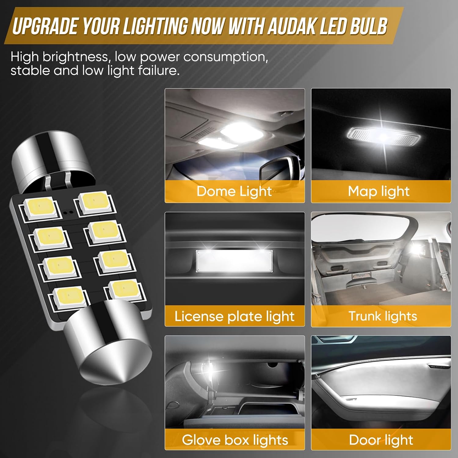 Audak Festoon LED Bulb 39mm 2835 8SMD Canbus Error Free Fit for Interior Dome Map Lights Door Courtesy Lights Trunk Lights License Plate Lights (Pack of 4)