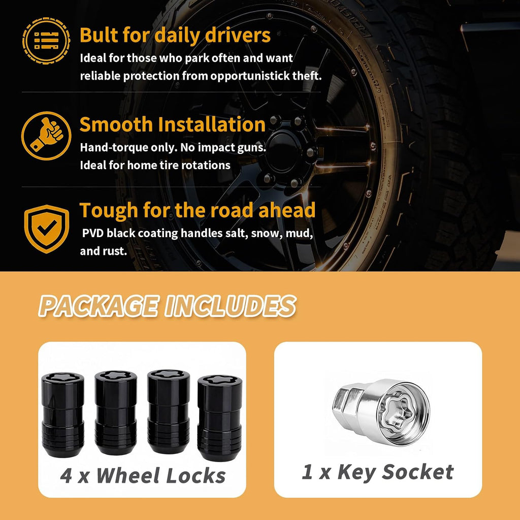 24216 M14x1.5 Cone Seat Wheel Locks19/21mm Hex Fit for GM/Ford/Tesla/Dodge | Set of 4. PVD Black Finish, Anti-Theft Lug Nuts,Alloy Steel,For 60° Conical Seat Wheels Only,Unique Security Key Design