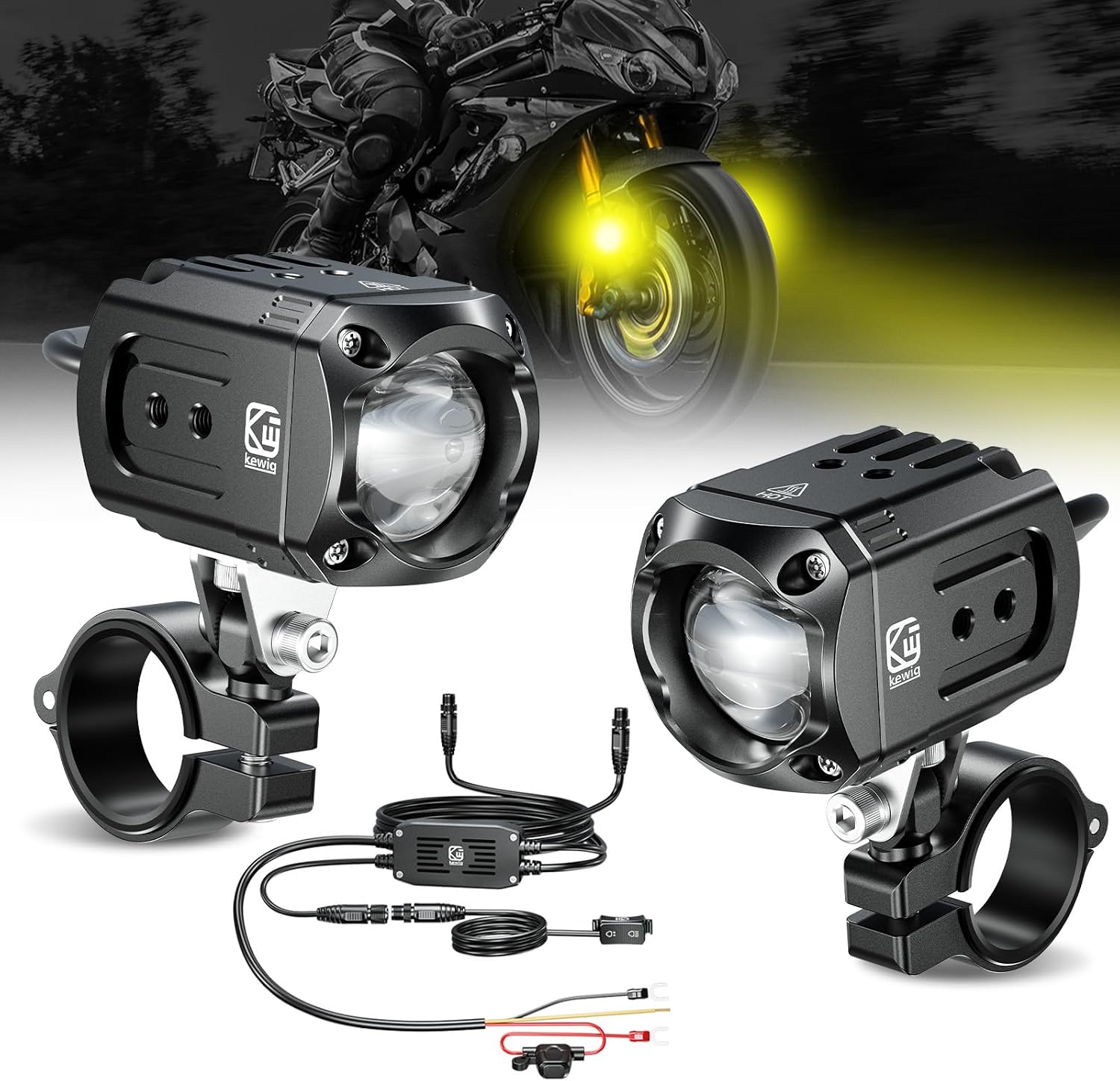 Kewig Motorcycle Auxiliary LED Light Kit Driving Spotlights White/Amber Fog Light with Mount Brackets Wire Harness Waterproof 60W Offroad Work Lights Compatible with Motorcycle J-eep Car Truck (Black)
