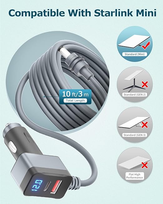 3 in 1 Starlink Mini Cable 12V Adapter 10FT Car Charger - Image 3