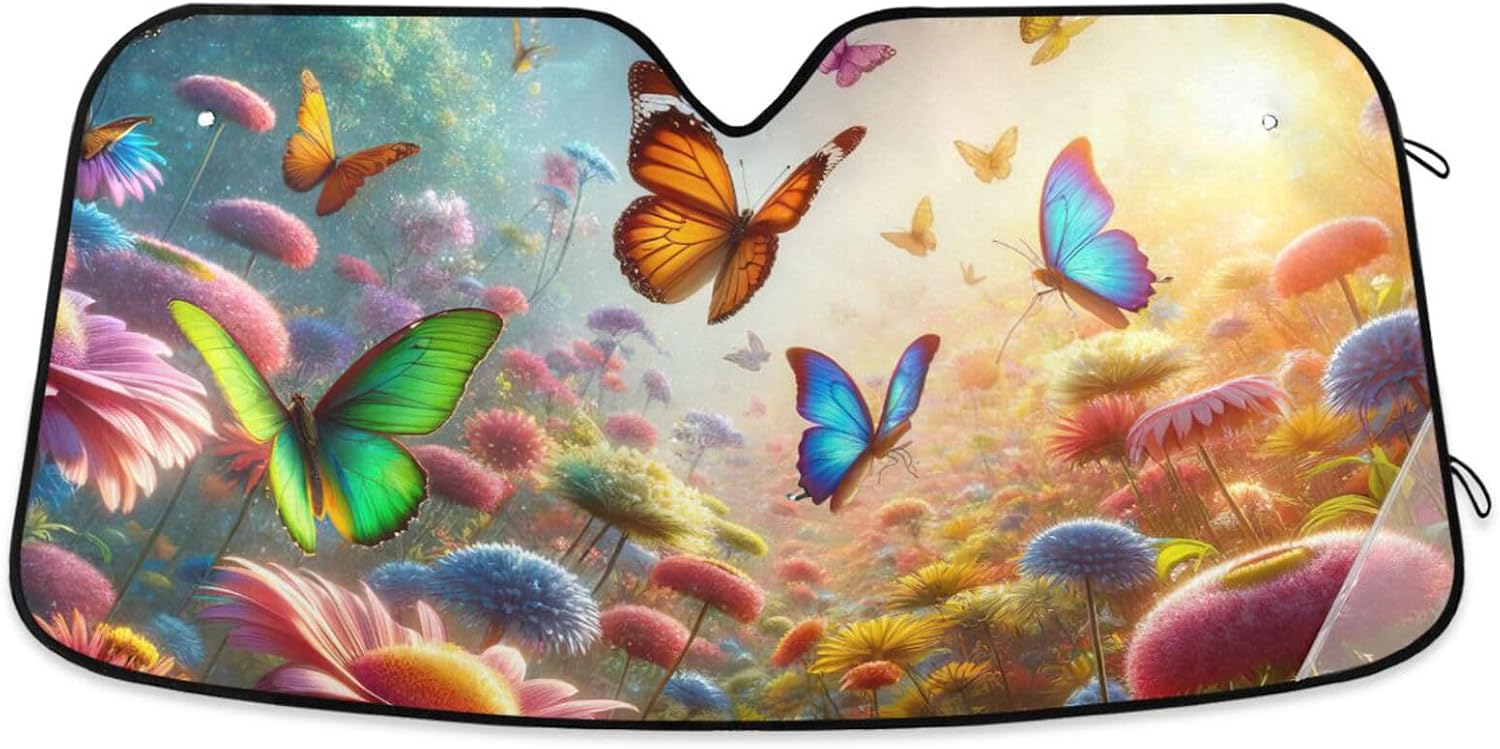 Car Windshield Sunshade Flowers Butterfly Sun Shield 55"X27.6" Blocks UV Rays and Keeps Vehicle Cool