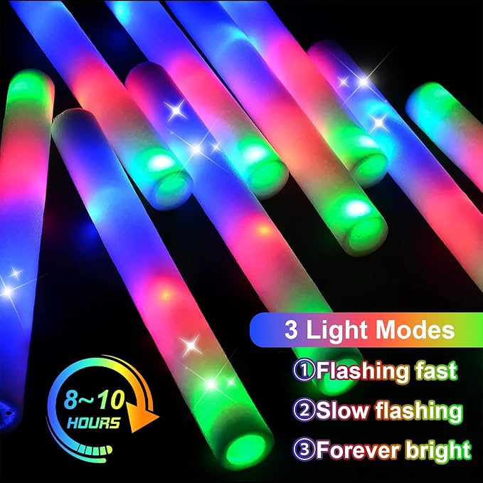EXCECAR 70PCS Foam Glow Sticks, LED Light Up Foam Sticks with 3 Modes Flashin...