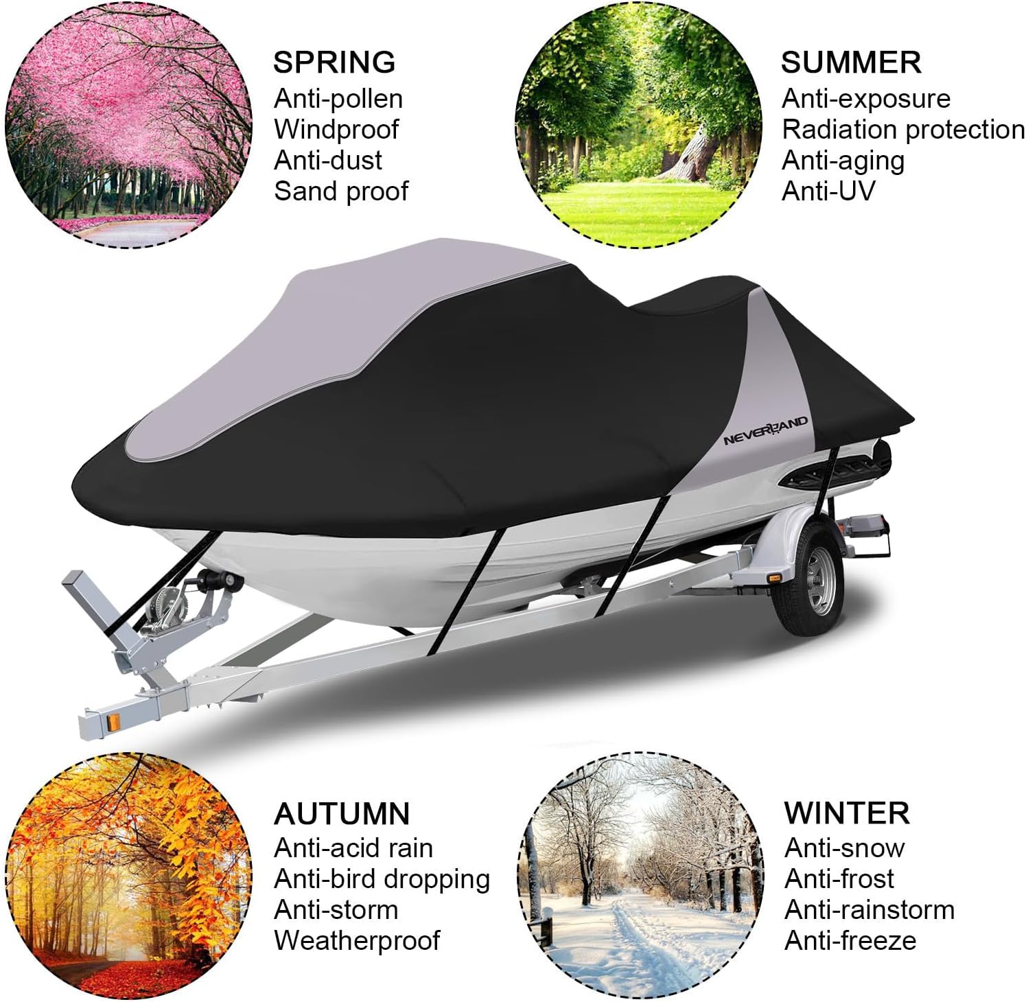 Trailerable Jet Ski Cover Waterproof - 600D Compatible with Yamaha Seadoo, Jetski Covers 2 3 Seater UV Resistant, Heavy Duty Jetski Cover with 2 Air Vents Personal Watercraft Cover 120" to 135"(Grey)