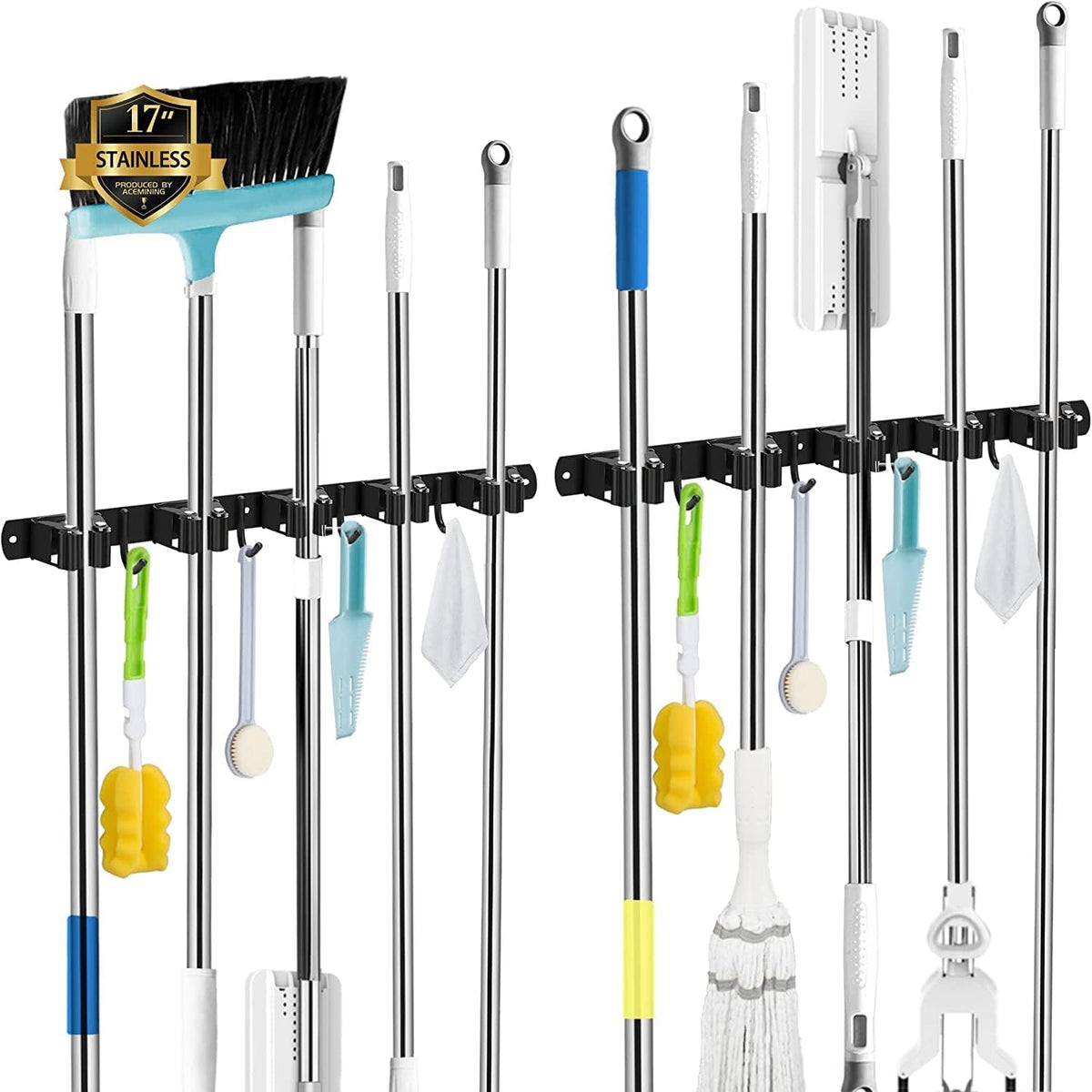 AceMining 2 Pack Black 5 Racks and 4 Hooks Mop and Broom Holder Wall Mount