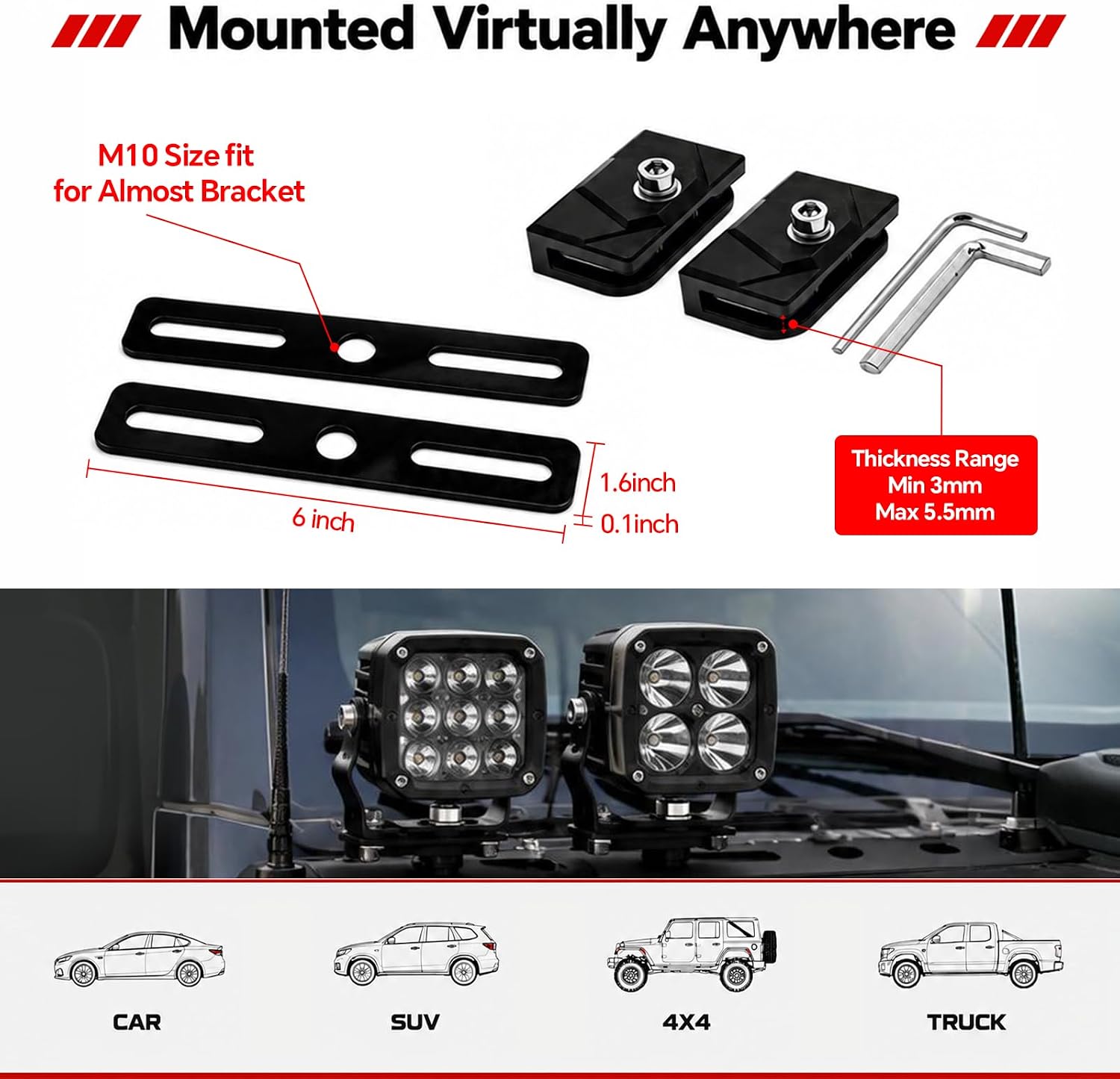 LED Light Bar Mounting Brackets A Pillar Ditch Light Bracket Extensions | Steel Cowl Pod Light Mounting Brackets No Drilling Universal Hood Light Mounting Brackets Adjustable Aluminum Alloy