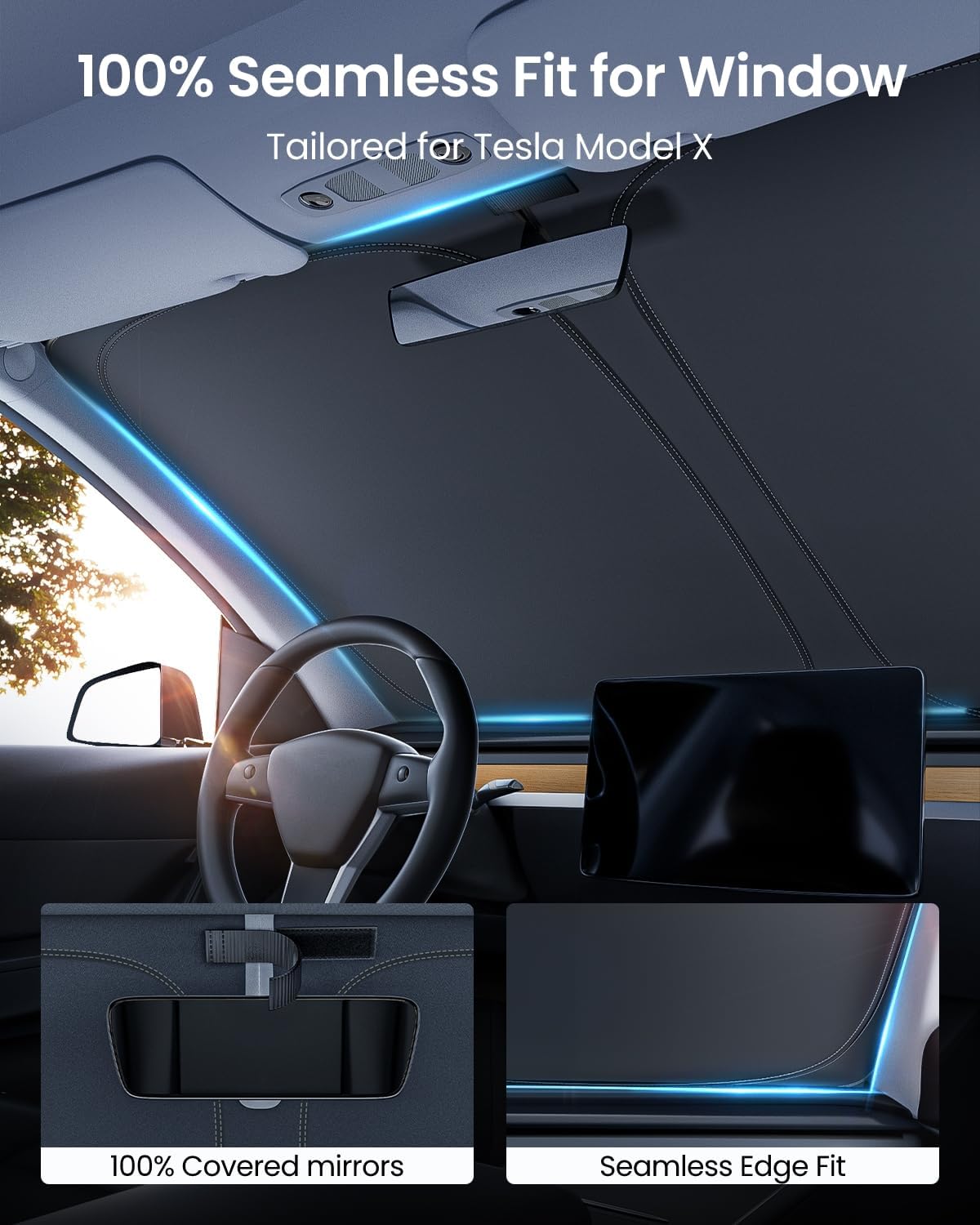 REEVAA Upgraded Tesla Model X Sunshade Windshield [Tailored Fit, 99% Sun Protection] Excellent Foldable and Easy-Use Sunshade Accessories with Storage Bag Fit Model X 2021-2025, Silver Coating