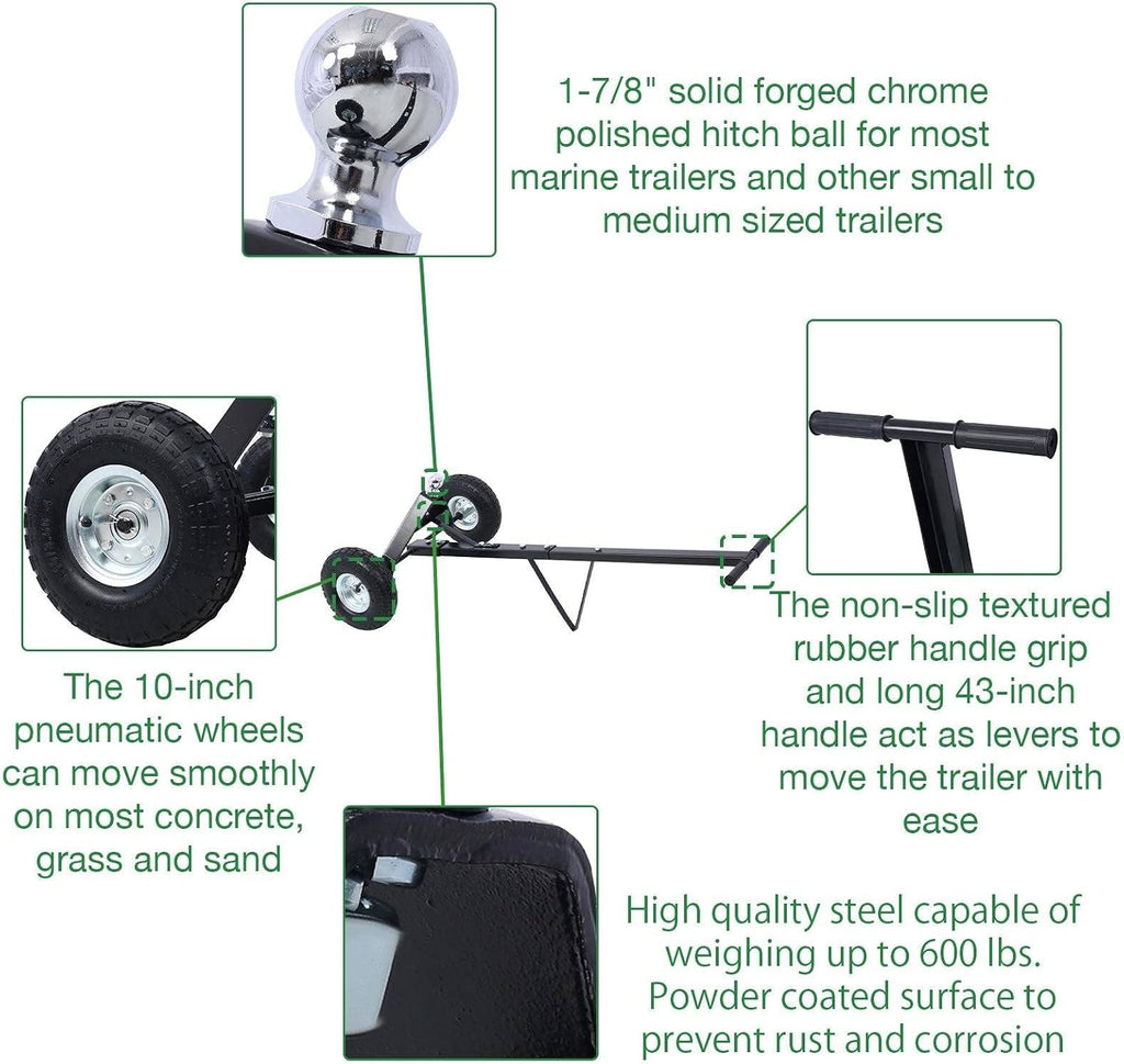 600 Lbs Capacity Trailer Dolly with 1-7/8'' Hitch Ball and 10'' Pneumatic Tires for Moving Car RV Boat Trailer, Black