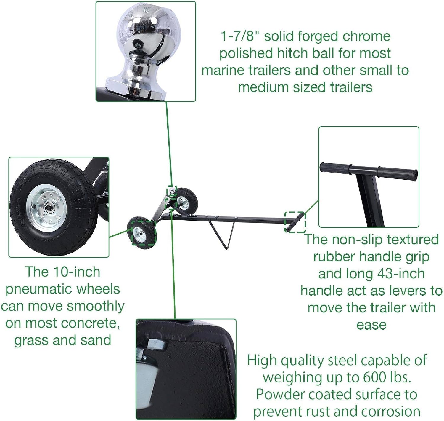600 Lbs Capacity Trailer Dolly with 1-7/8'' Hitch Ball and 10'' Pneumatic Tires for Moving Car RV Boat Trailer, Black