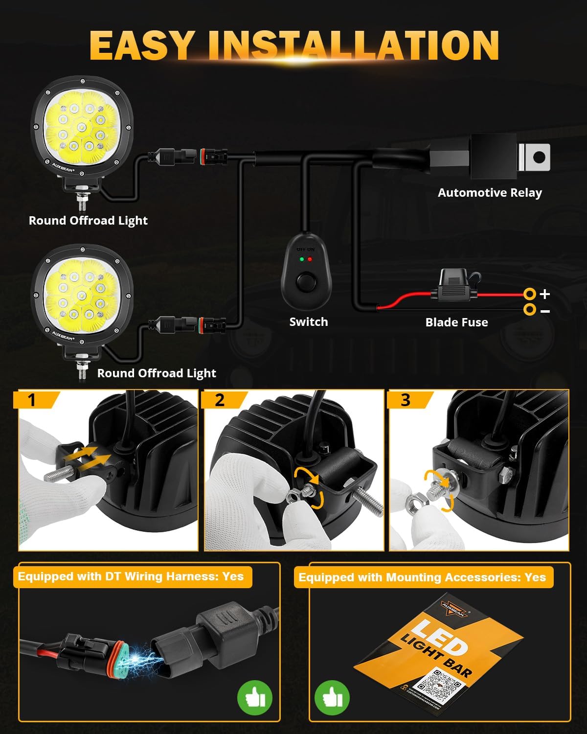 auxbeam 4in 90w round led offroad lights, 2pcs, package contents