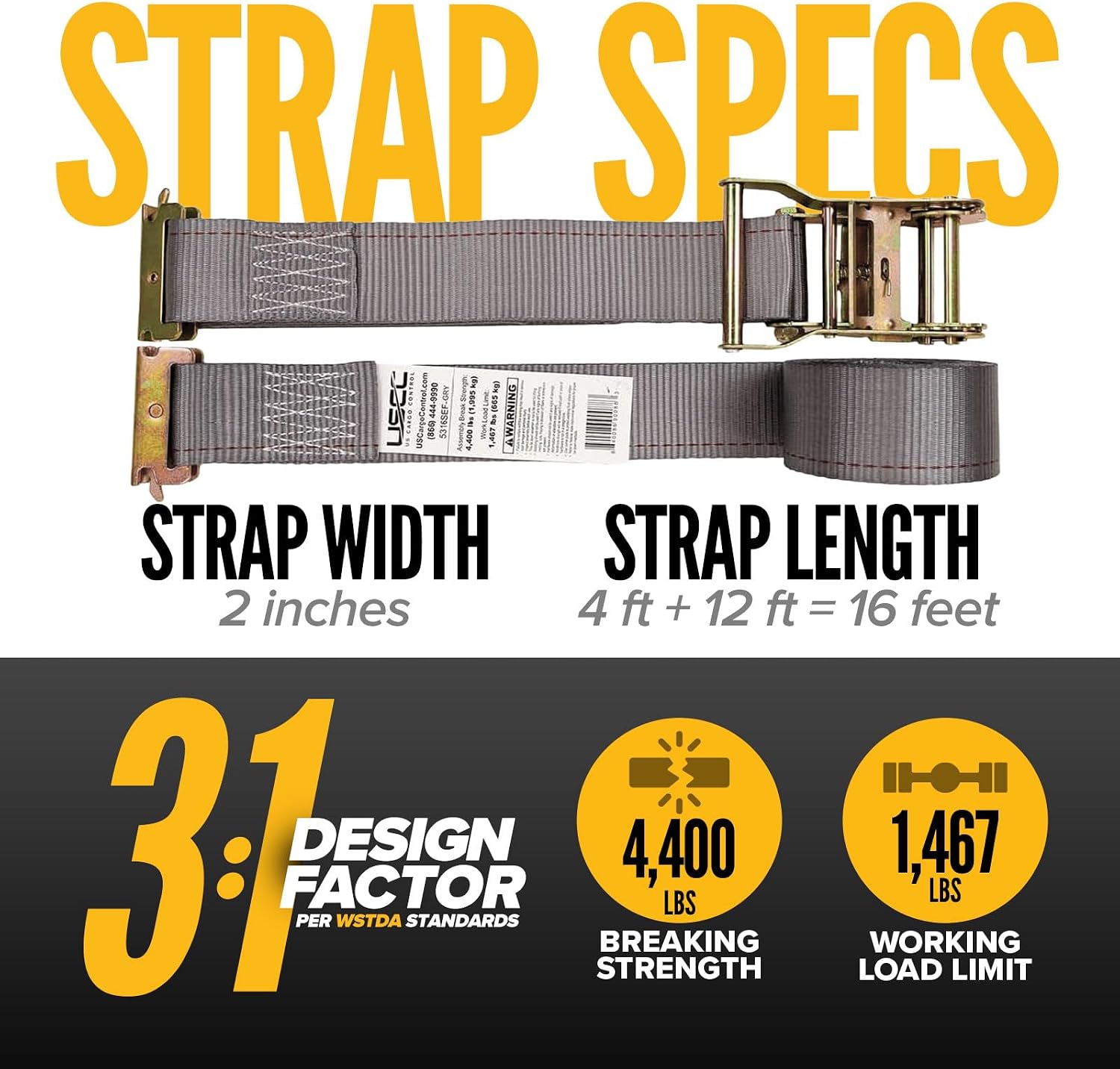 US Cargo Control E Track Straps 2" x 16' (8-Pack), 4,400 LBS Break Strength, Gray Heavy Duty E Track Ratchet Straps with 4' Fixed End and Spring E-Fittings, Logistic Tiedowns for Box Trucks, Vans