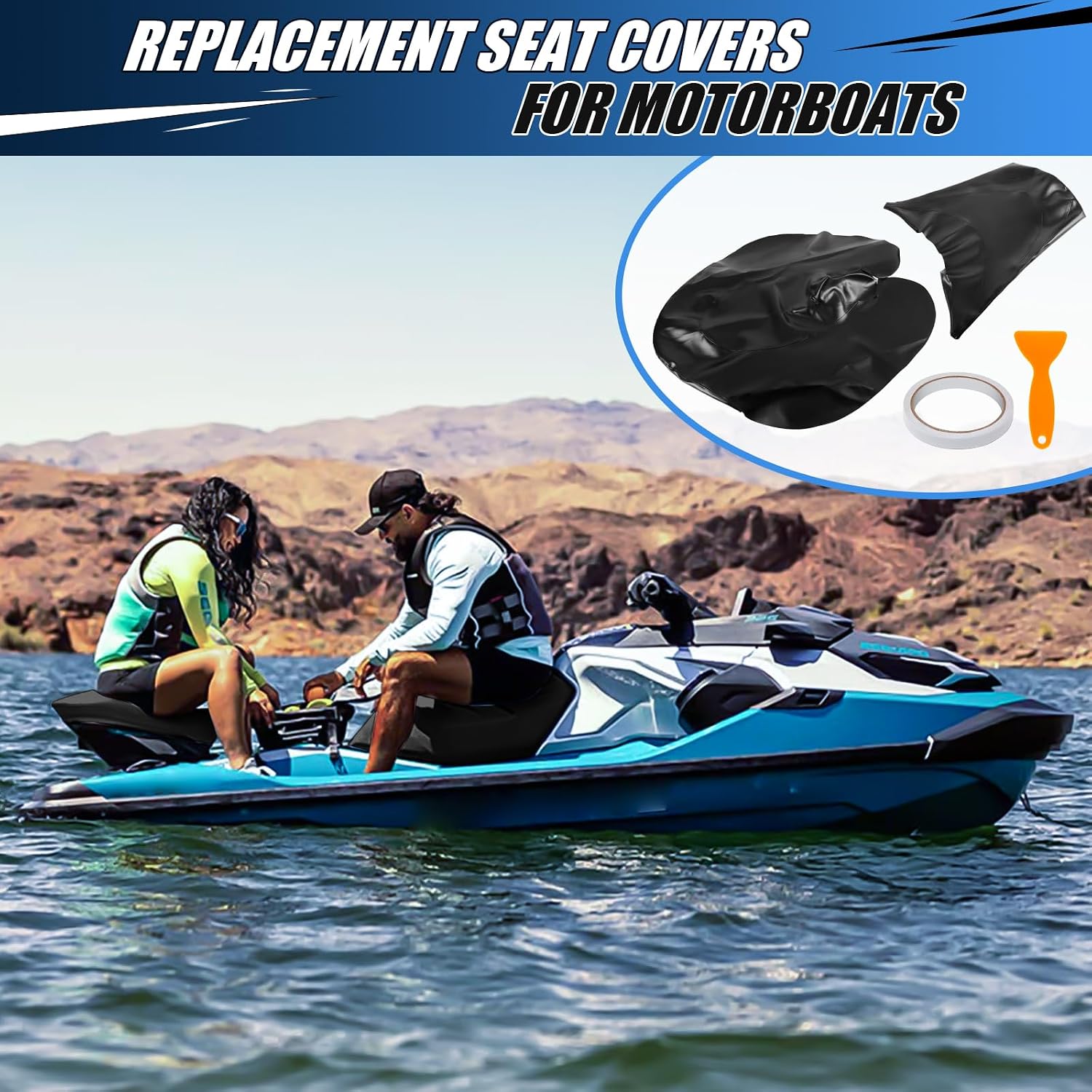 Seat Cover Replacement for SeaDoo 2002-2009 GTX 4-Tec, SC, LTD/RXT, RXT-X 215 255 / Wake 155 215 / GTX DI, High-Elasticity Black PU Leather, with Staple Remover & Installation Accessories
