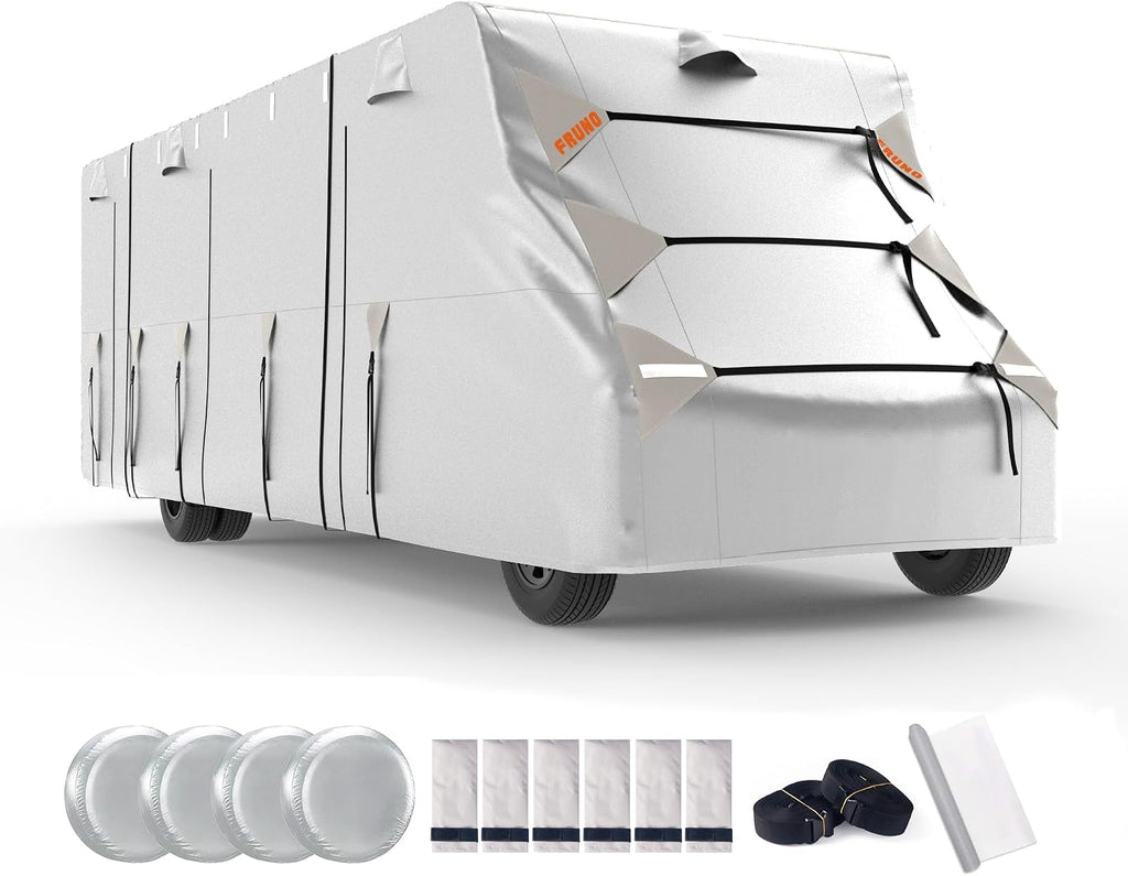 FRUNO Oxford Fabric Class C RV Cover Fits 23'-26' Waterproof Rip-Resistant Anti-UV Motorhome Camper Cover for Winter Snow with 4 Tire Covers and Gutter Covers