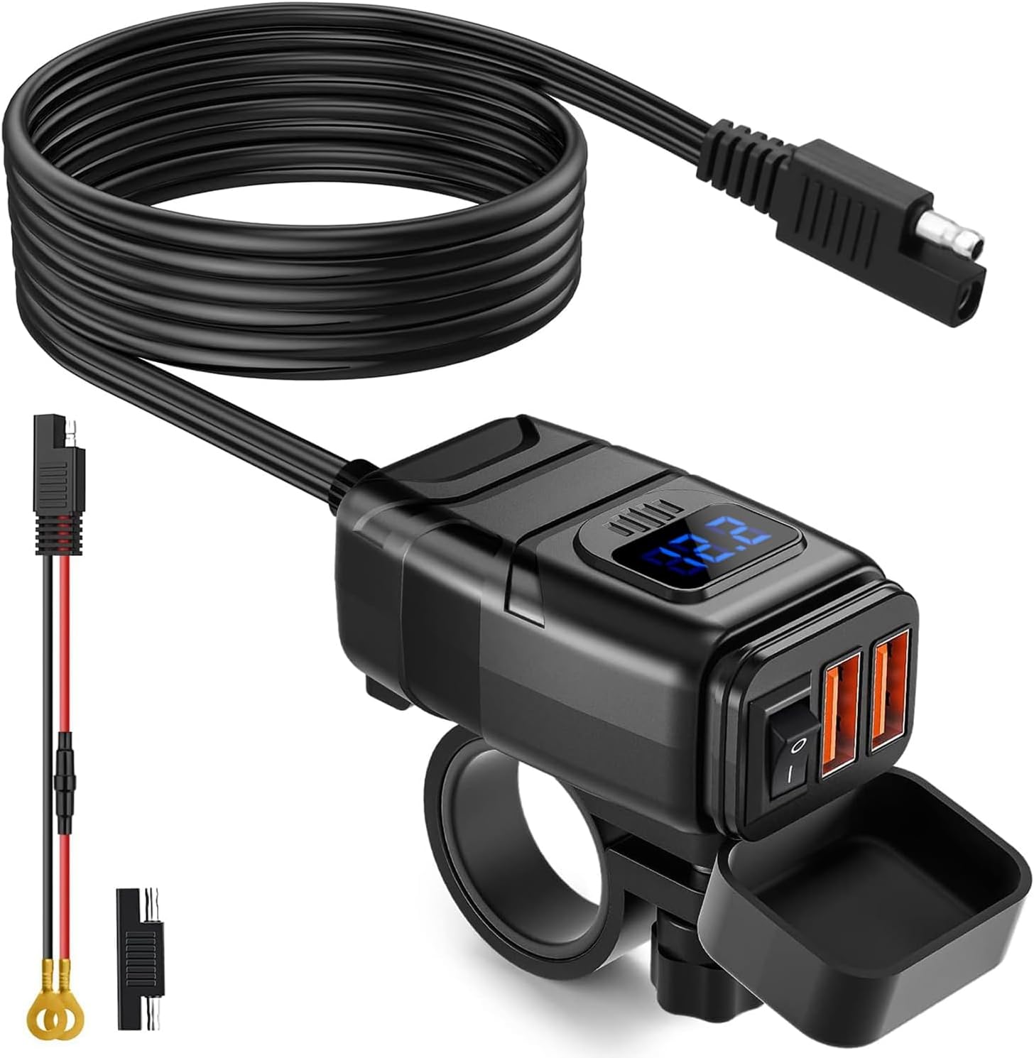 Motorcycle USB Charger, 6.8A Quick Charge 3.0 Dual USB Motorcycle Phone Charger with Voltmeter & ON/Off Switch, Waterproof Quick Disconnect SAE to USB Adapter for Phone, Tablet, GPS